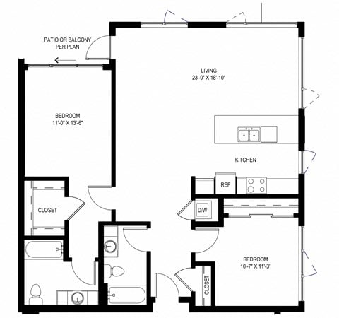 Floor plan for 2 beds, 2 baths, 1215 sqft